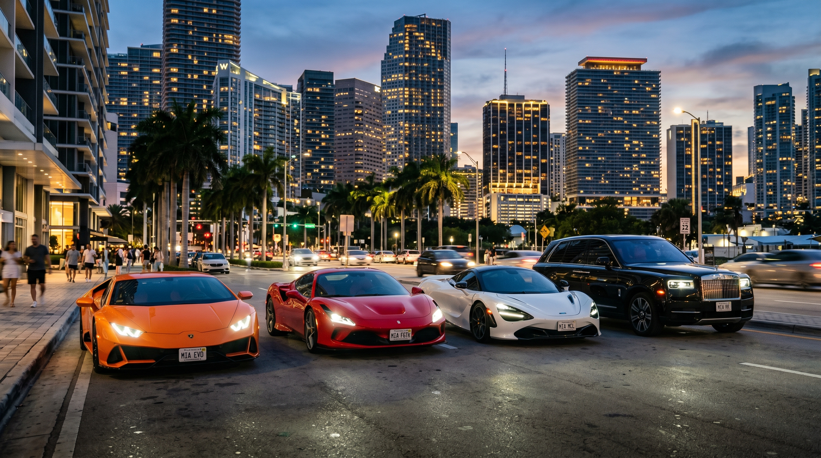 Lineup of Lamborghini Huracan, Ferrari F8, McLaren 720S and Rolls-Royce Cullinan supercars parked side by side in Miami's Brickell district at dusk with city skyline in background