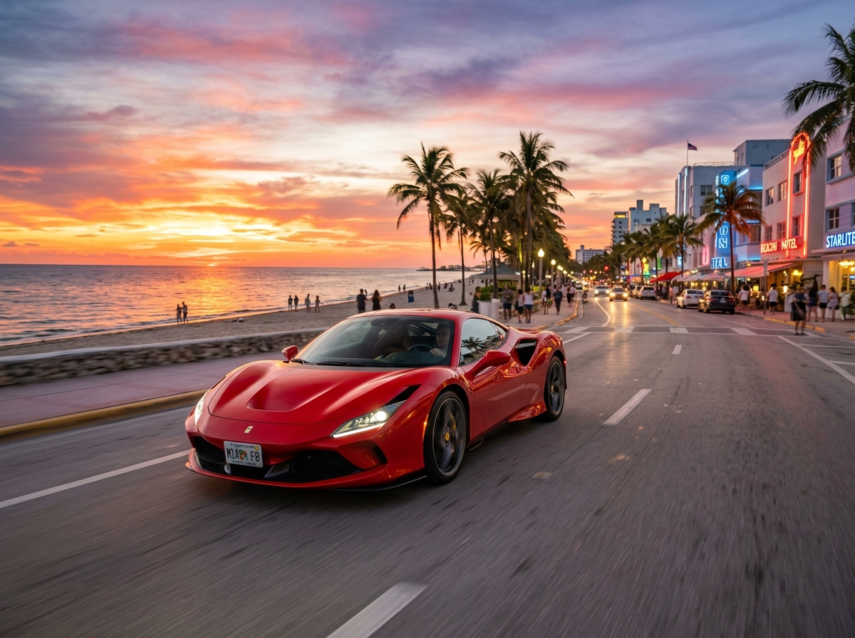 2024 Ferrari F8 Tributo in Rosso Corsa red driving along Miami Beach waterfront at sunset