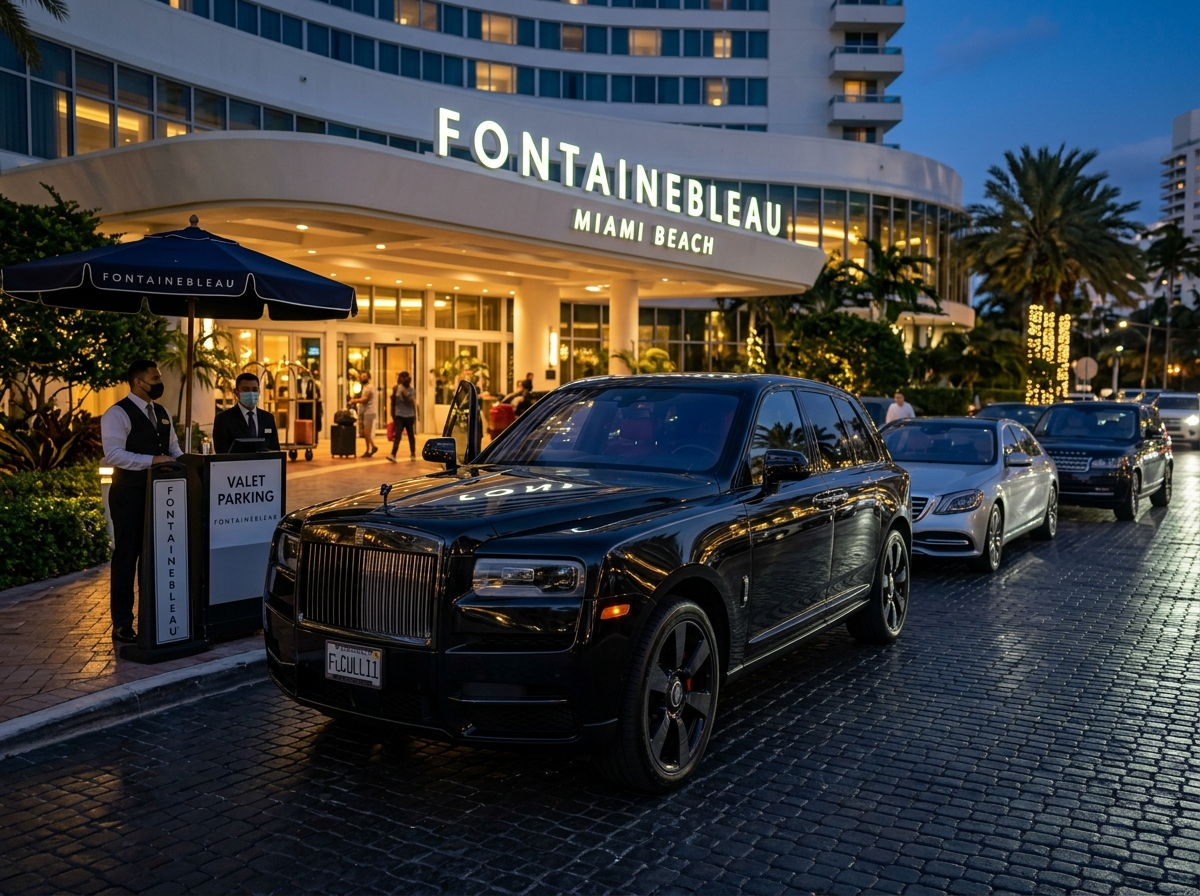 2022 Rolls-Royce Cullinan Black Badge in Midnight Black parked at Fontainebleau Hotel Miami Beach valet
