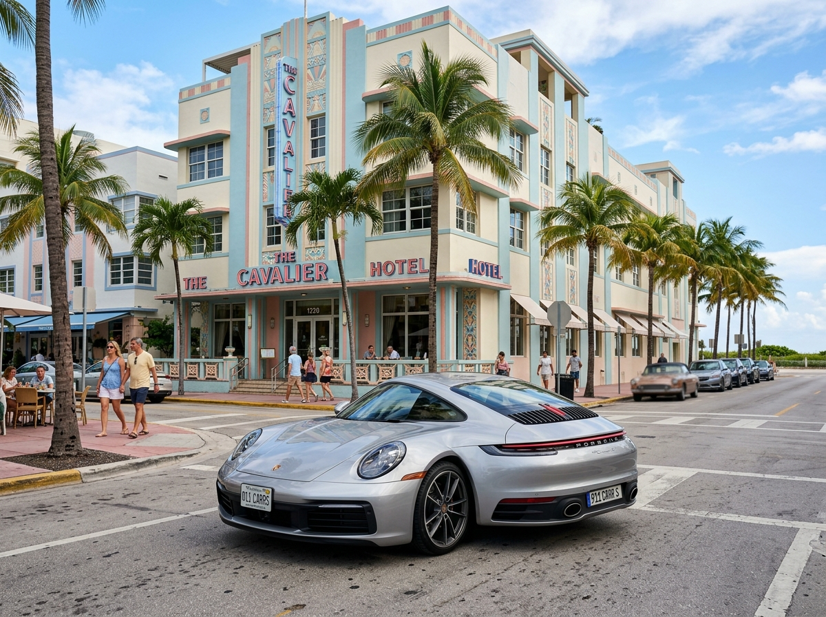 2026 Porsche 911 Carrera S in GT Silver Metallic parked in front of Art Deco building in Miami Beach