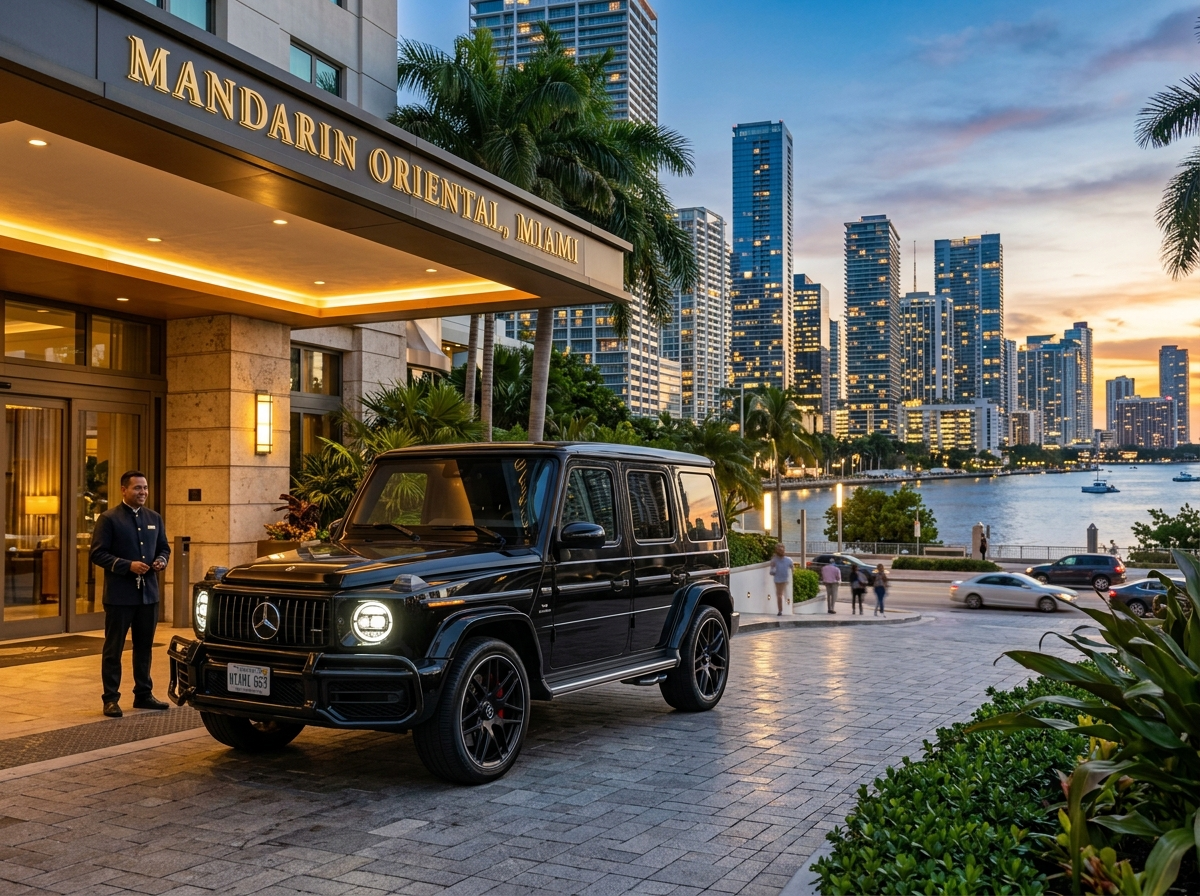 2024 Mercedes-Benz G63 AMG in obsidian black parked at luxury hotel in Brickell Miami with city skyline