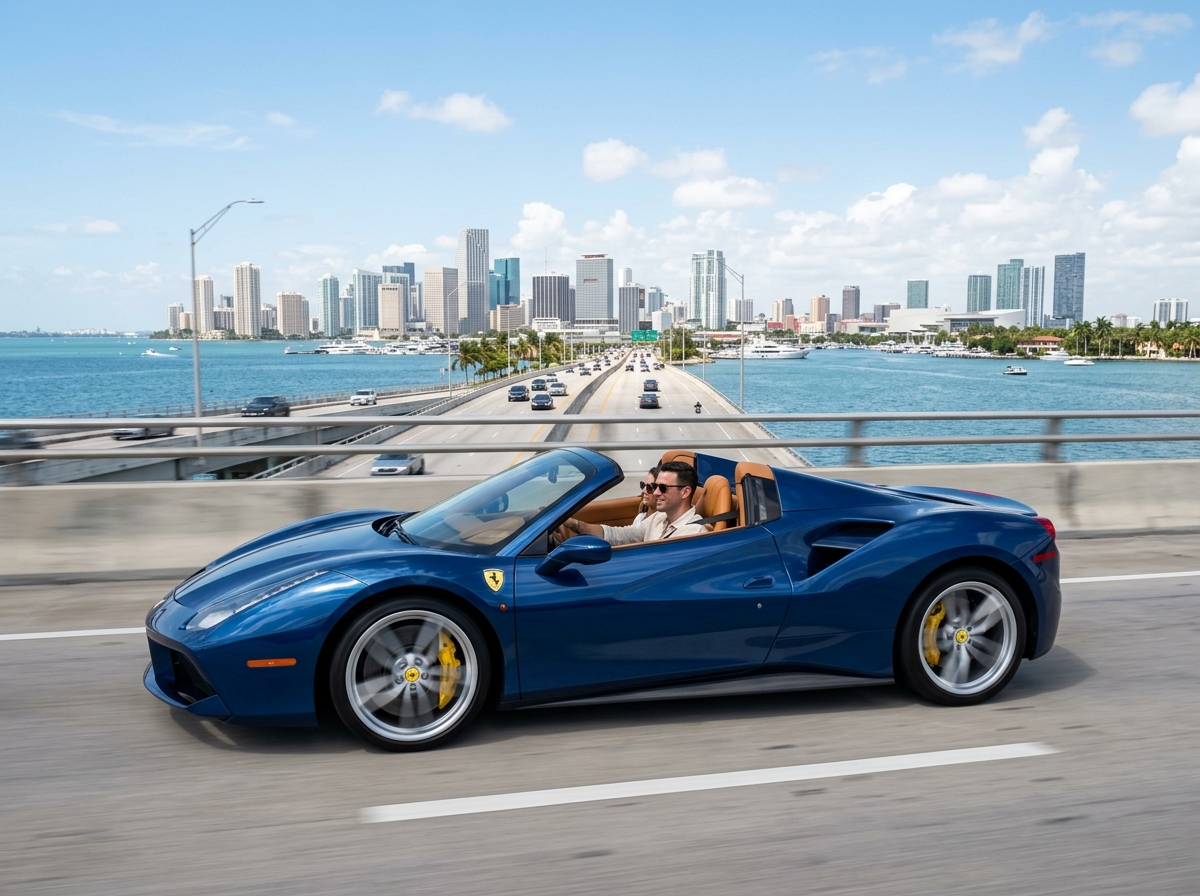 2019 Ferrari 488 Spider in Blu Pozzi blue with roof open on the Rickenbacker Causeway Miami