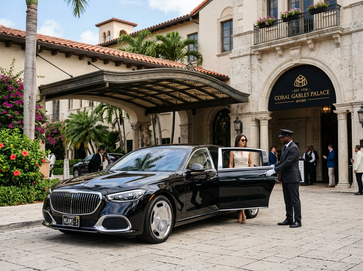 2024 Mercedes-Benz Maybach S680 in black with chauffeur outside luxury hotel in Miami Coral Gables