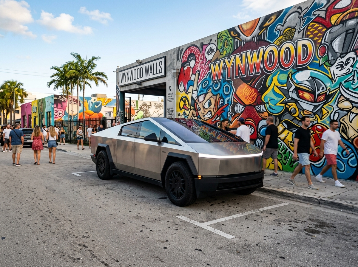 2024 Tesla Cybertruck AWD in stainless steel finish parked at Wynwood Walls Miami art district